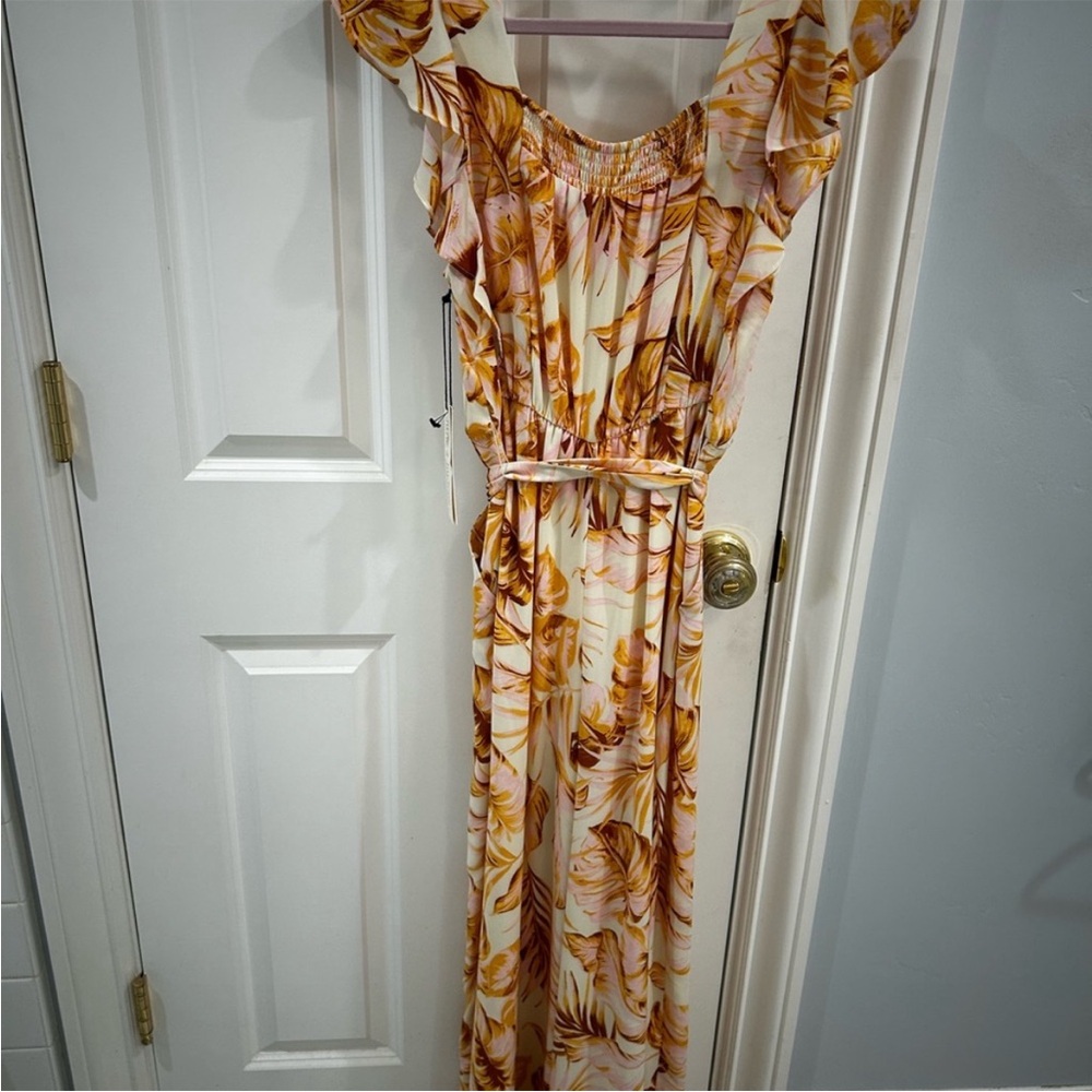 june & hudson Yellow Pink Palm Print Ruffle-Sleeve Wide-Leg Jumpsuit NWT Large - Picture 8 of 11